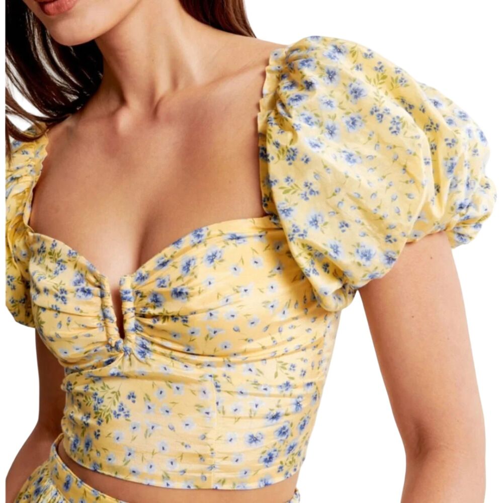 Abercrombie NWOT Puff Sleeve Sweetheart Corset Crop Top Yellow Blue Floral L